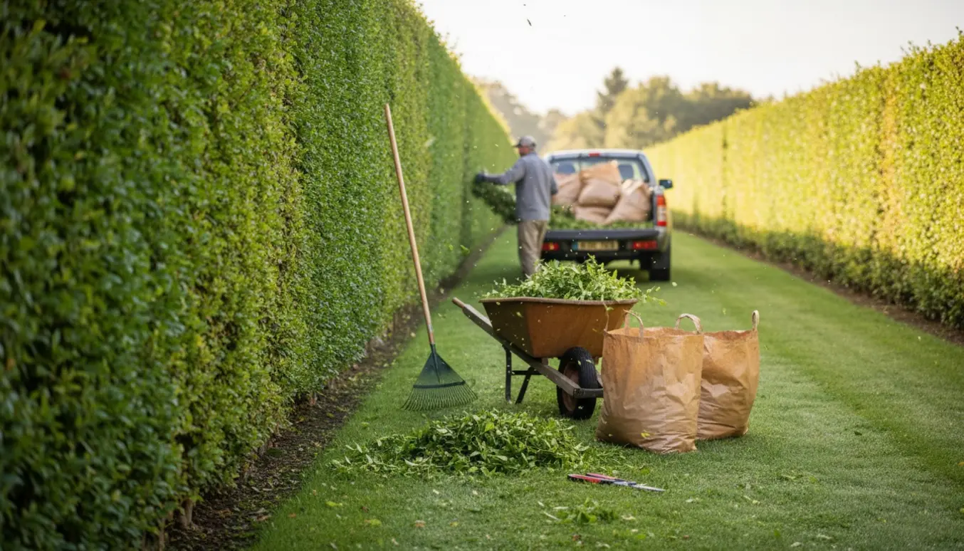 Lang hæk bliver klippet på begge sider, afklip samles i trillebør og trailer.