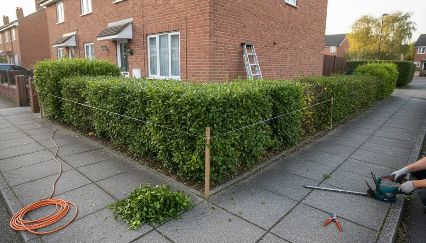 En ligusterhæk ved et rækkehus bliver klippet langs gavl og fortov med værktøj og nypudsede afklip i forgrunden.