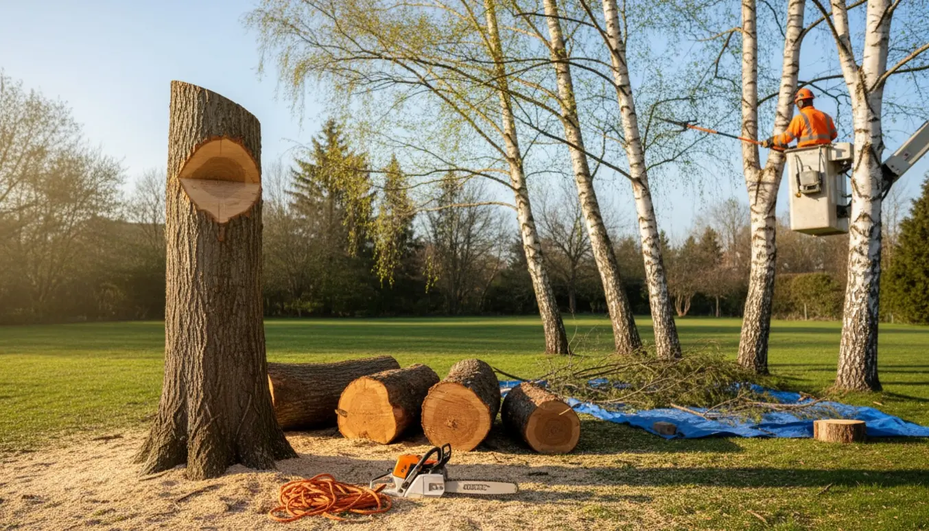 Professionel beskæring og fældning af træer med lift, motorsav og afskårne grene samlet på græsplænen.