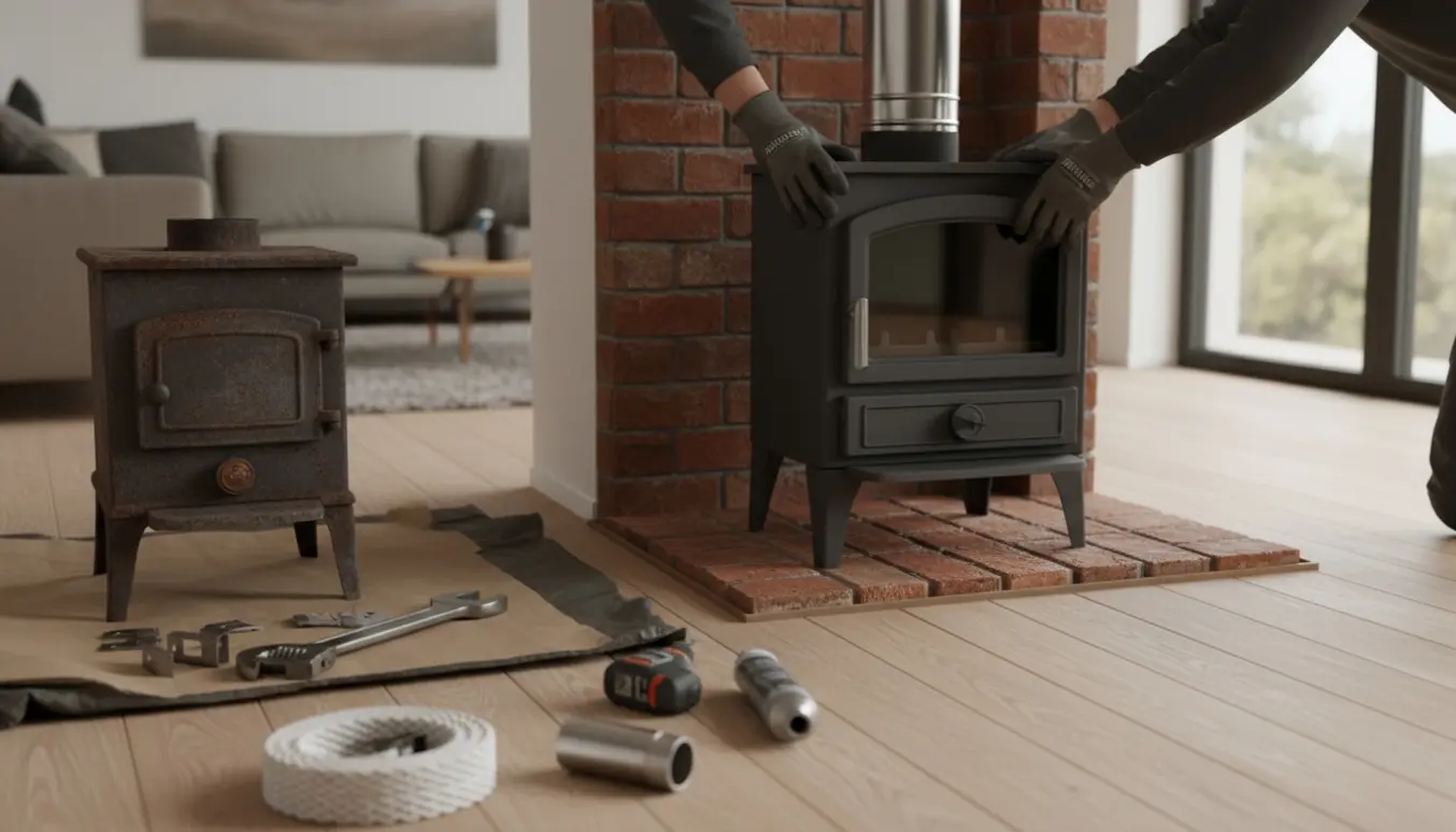 Håndværkere med handsker placerer en ny støbejernsbrændeovn ved skorstensføringen i en stue.
