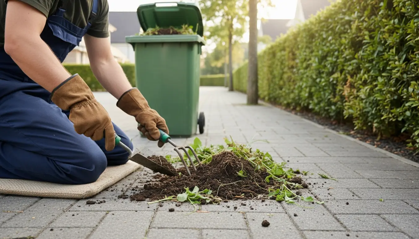 Ukrudt trækkes op fra hæk og mellem fliser i indkørsel og lægges i en grøn havecontainer.
