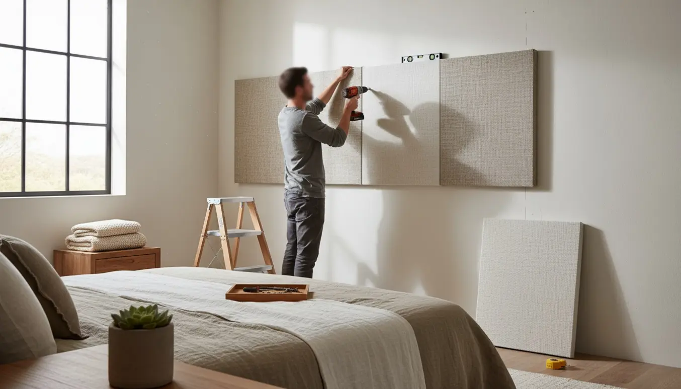 Akustikpaneler monteres på en soveværelsesvæg med værktøj og hænder i fokus.