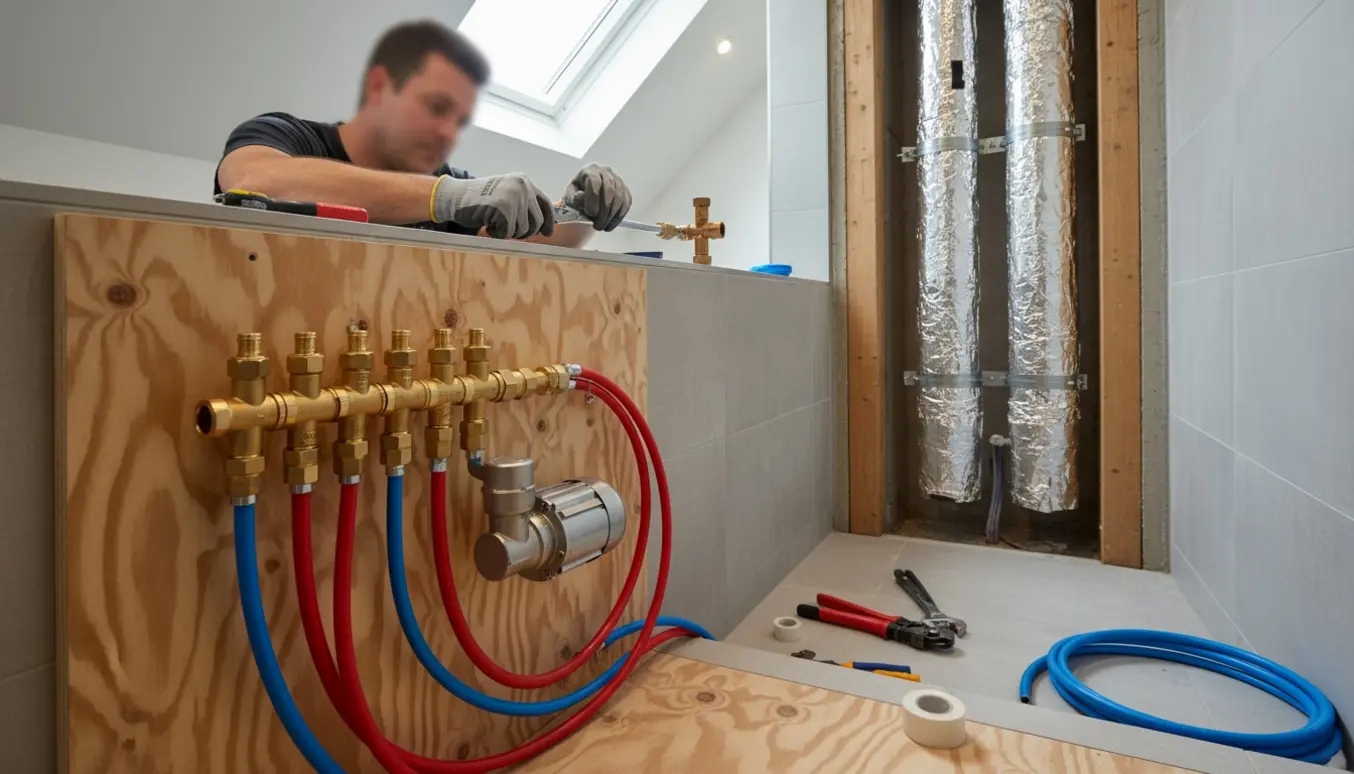 Gulvvarmefordeler og rør ført gennem skorstensføringen i nyt 1. sal-badeværelse, klar til tilslutning.