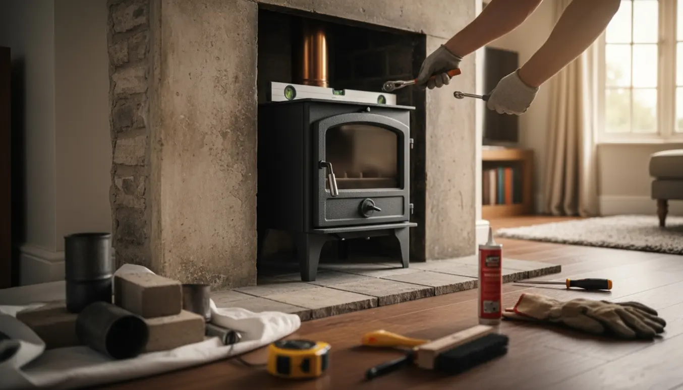 Ny sort brændeovn sættes på plads i en stenindrammet pejs med værktøj på et beskyttelsesunderlag.
