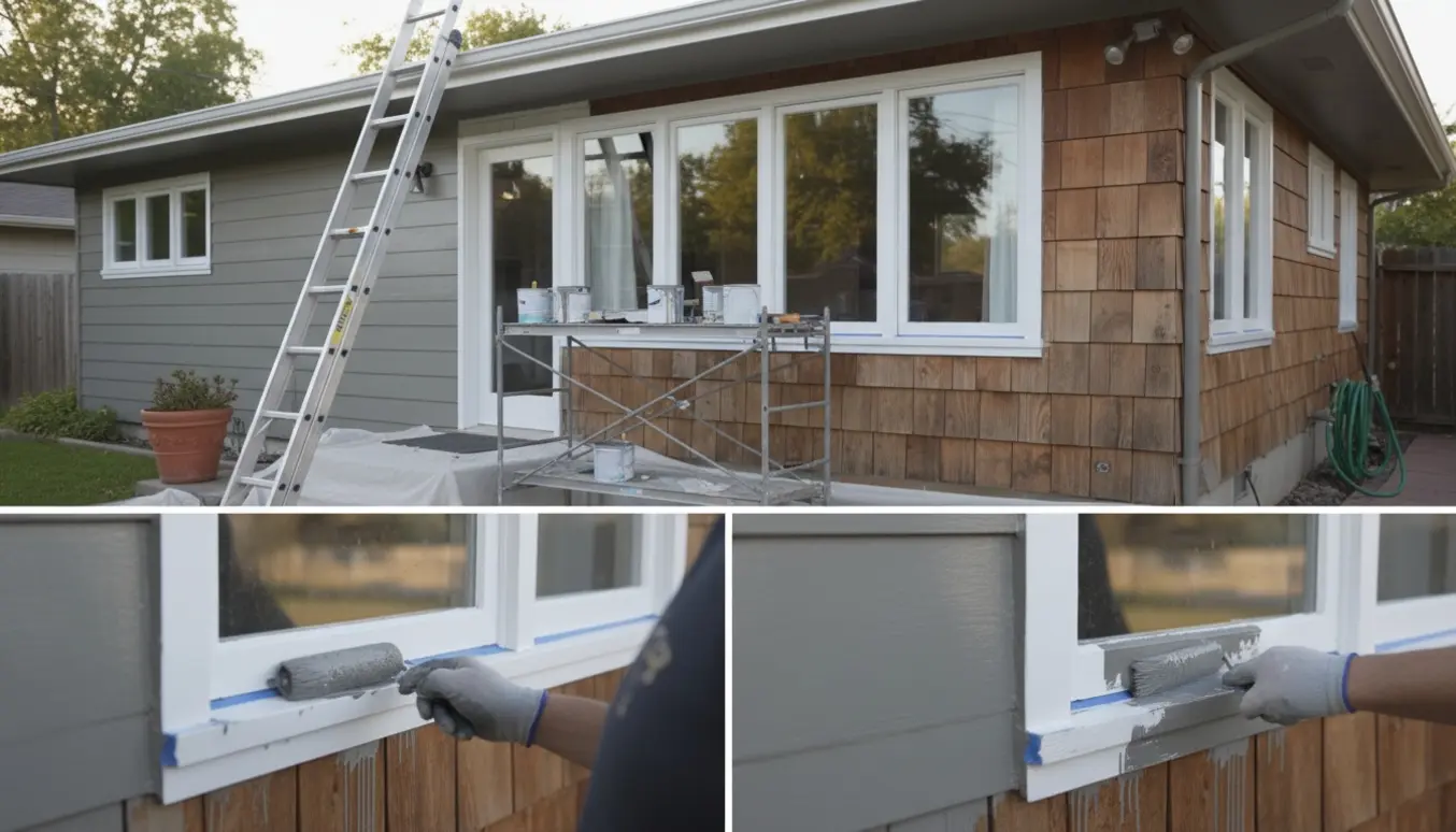 Hus halvt nymalet med grå facade og hvide vinduesrammer, malerredskaber i forgrunden.