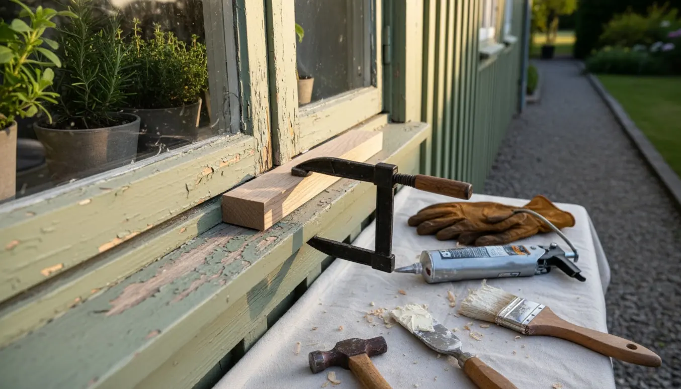 Nærbillede af reparation af den nederste del af et vindue i et kolonihavehus med værktøj og nyt træ på plads.