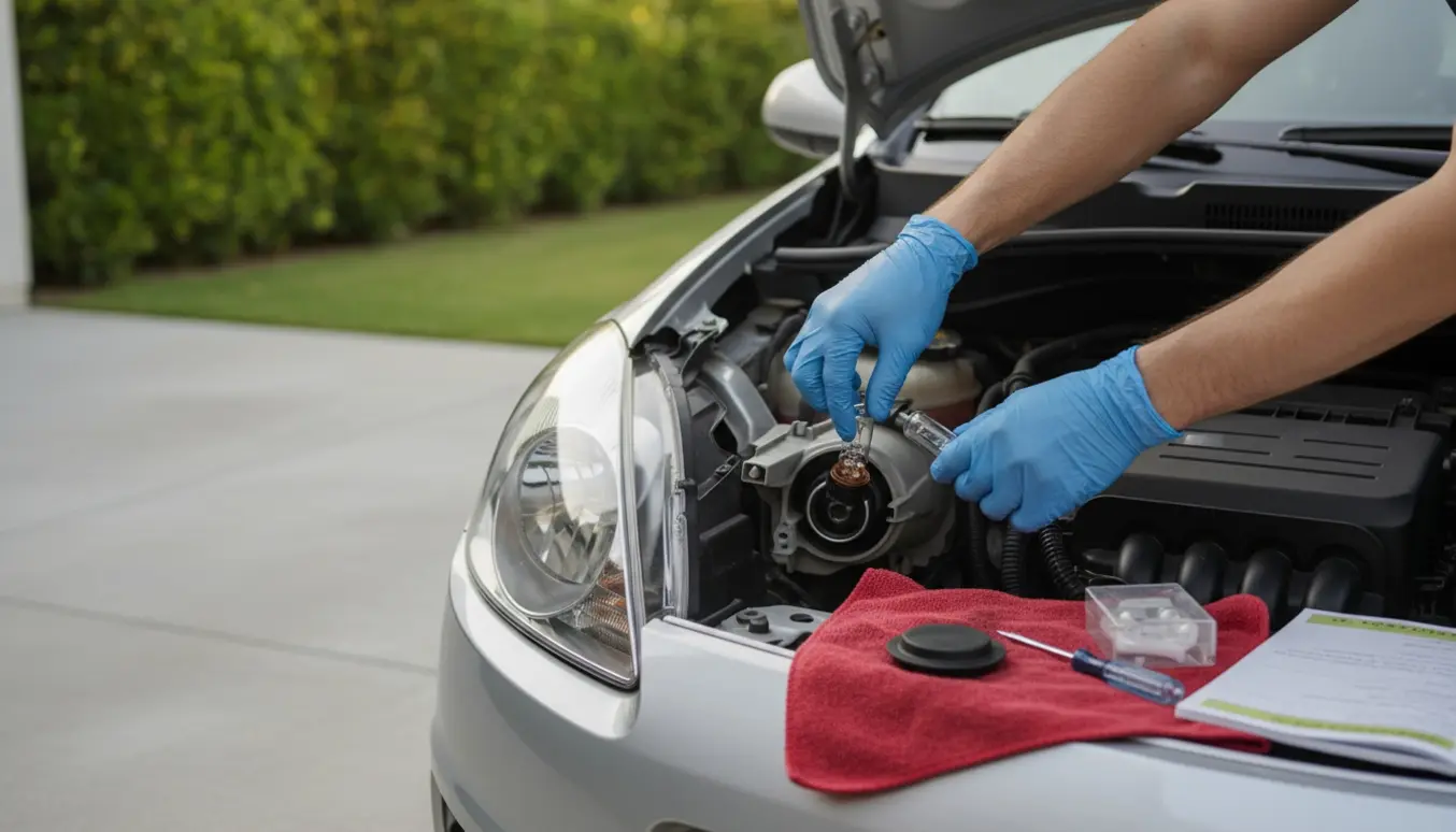 Nærbillede af hænder i handsker, der skifter forlygtepære på højre forlygte på en sølv hatchback med hævet motorhjelm.
