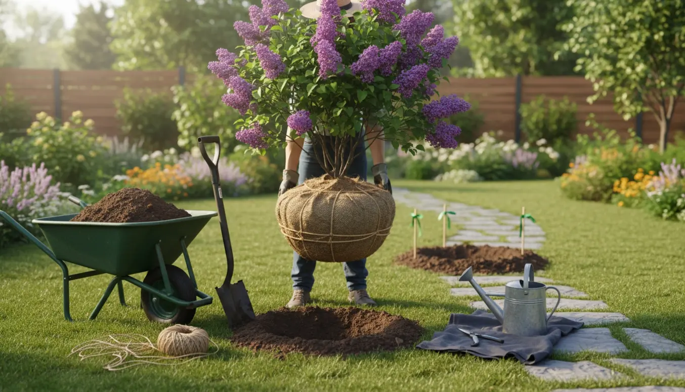 Mellemstor syren graves op og plantes om i haven med rodklump indpakket i jutestof og haveværktøj ved siden af.
