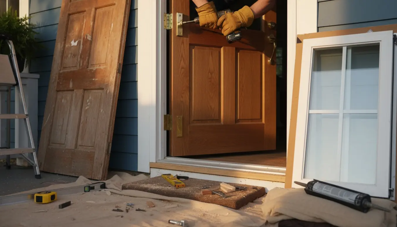Udskiftning af træhoveddør og vindue på en fortrappe med værktøj og arbejdshænder.