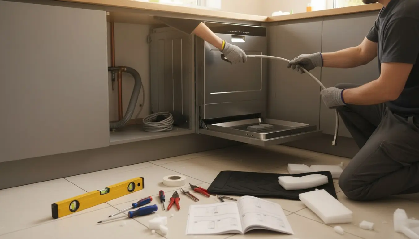 Installatør monterer en 45 cm integreret opvaskemaskine i et lyst køkken med værktøj og slanger synlige.