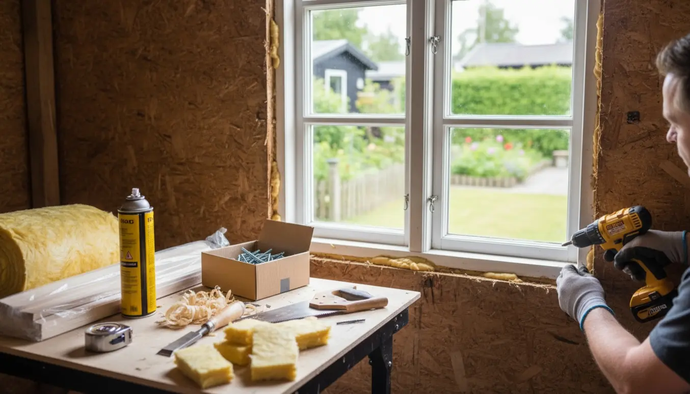 Et nyt 2-fags vindue monteres i et kolonihavehus med Rockwool og monteringsskum, mens hænder strammer skruer.