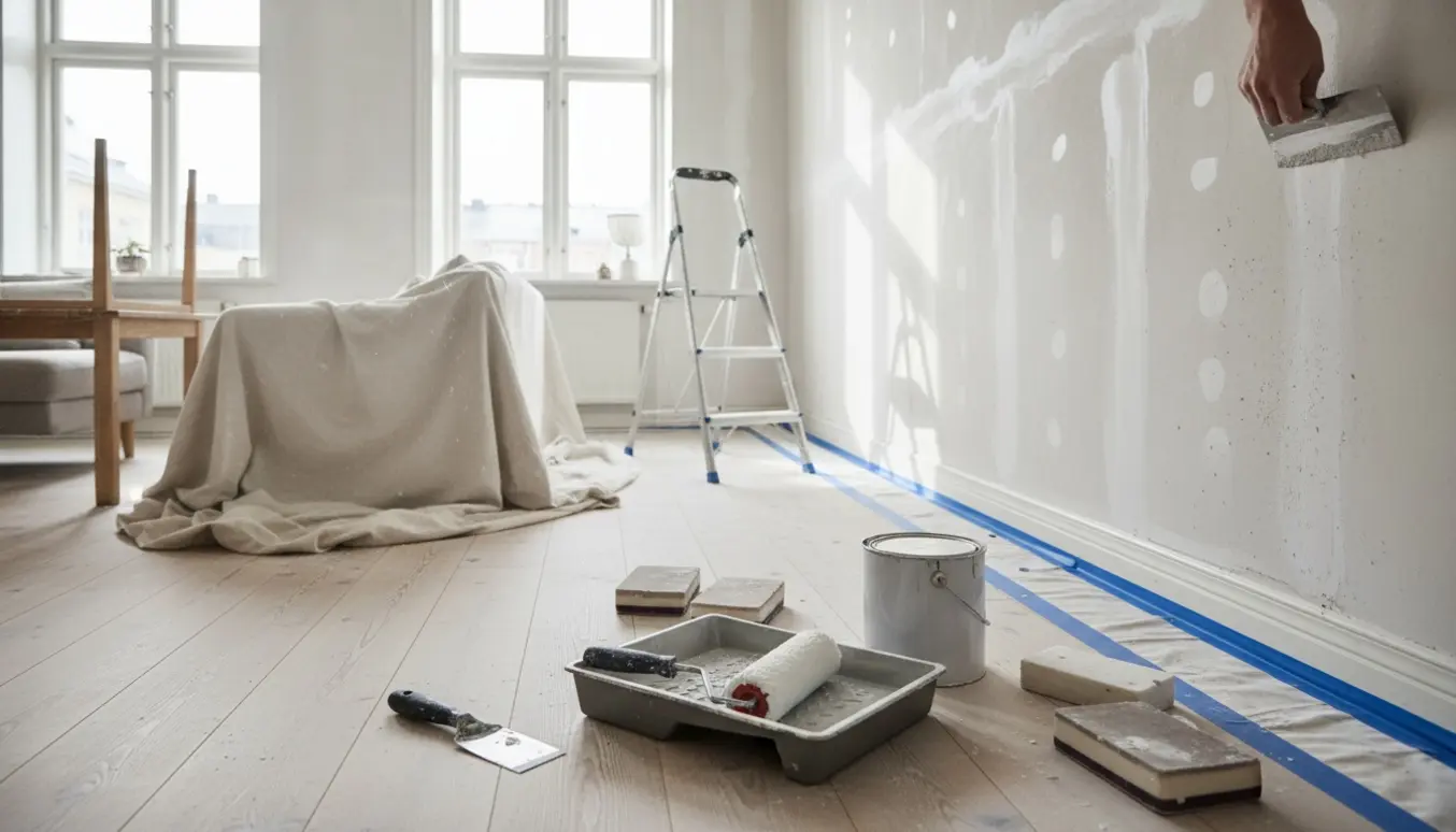 Lys stue klar til maling med spartel, slibeværktøj, malerrulle og afdækningsdug i dagslys.