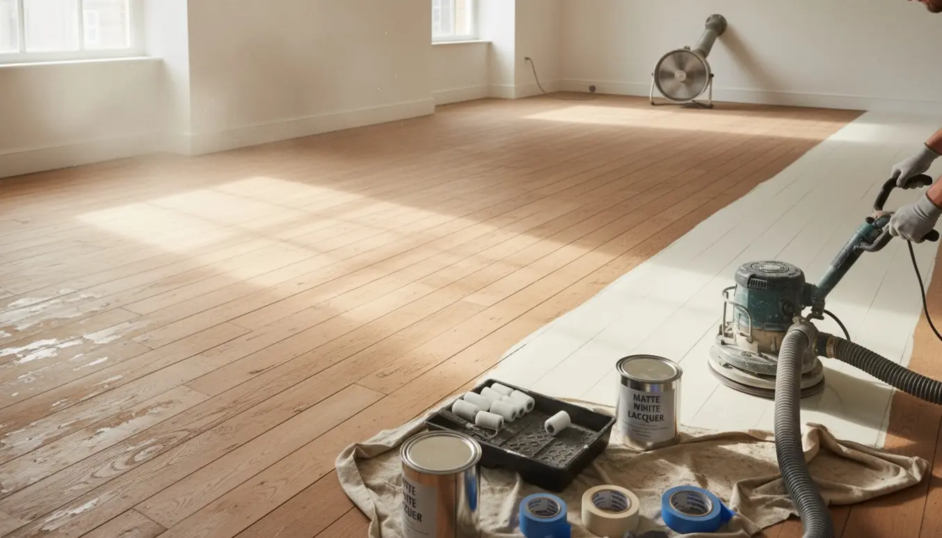 Gulvslibning i et lyst rum med maskine, nyslebent trægulv og delvist påført mat hvid lak.
