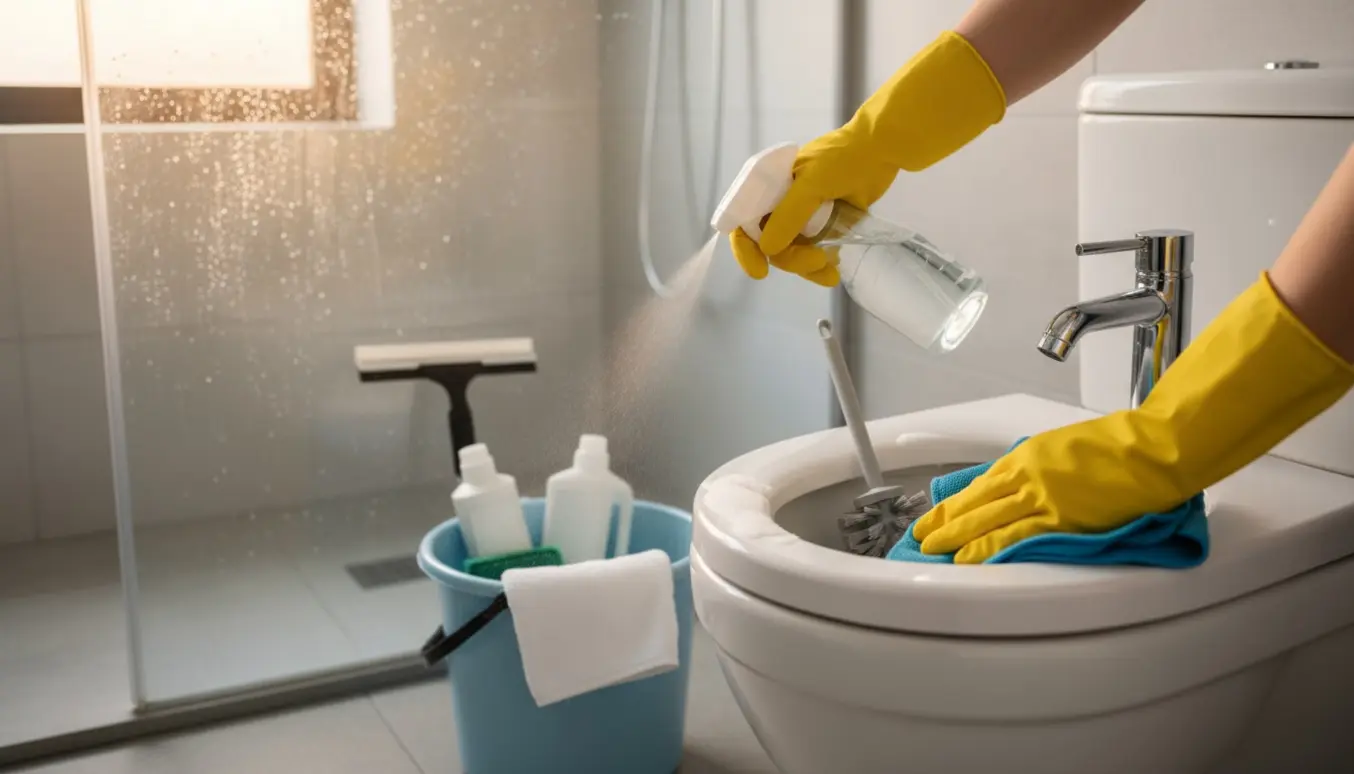 Hænder i gule handsker rengør toilet og vask i et moderne badeværelse.