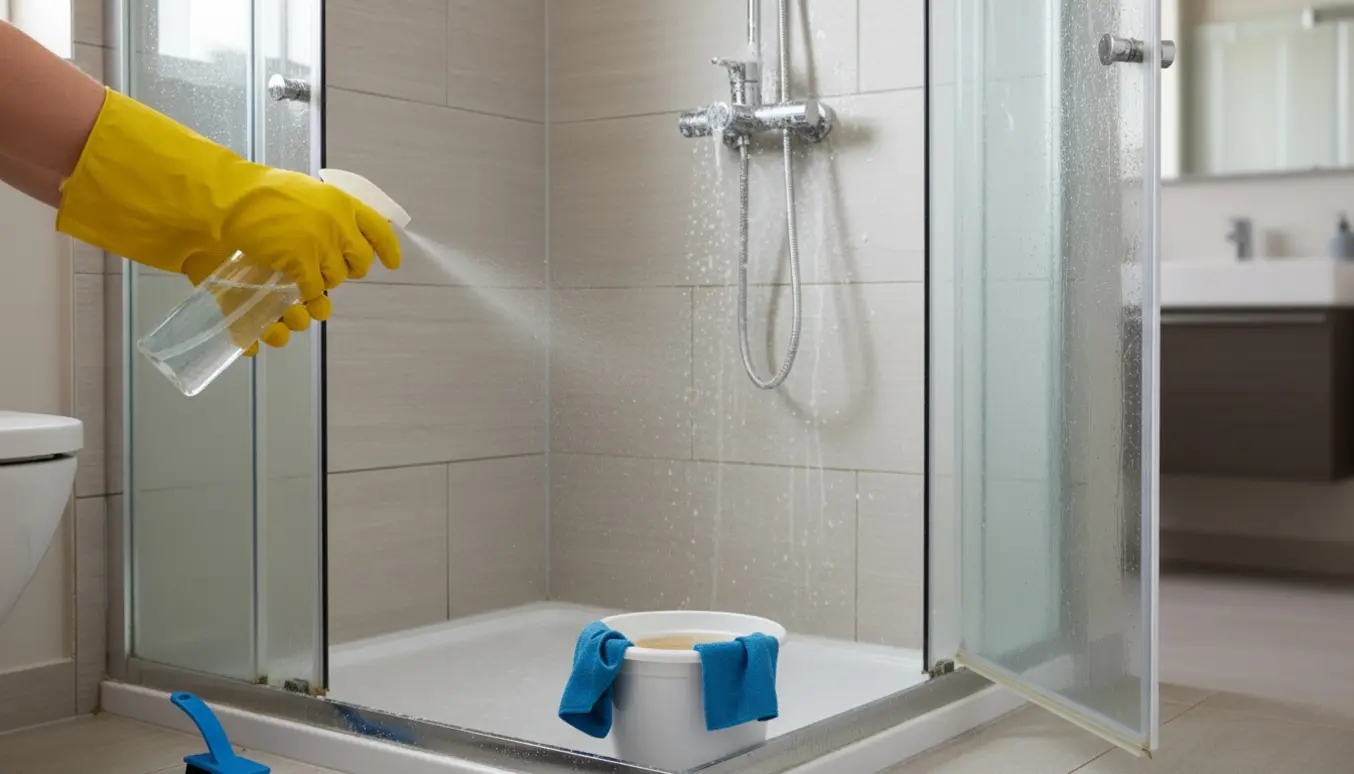 Hænder i gule gummihandsker afkalker en lille brusekabine med glas, fliser og kromarmatur.