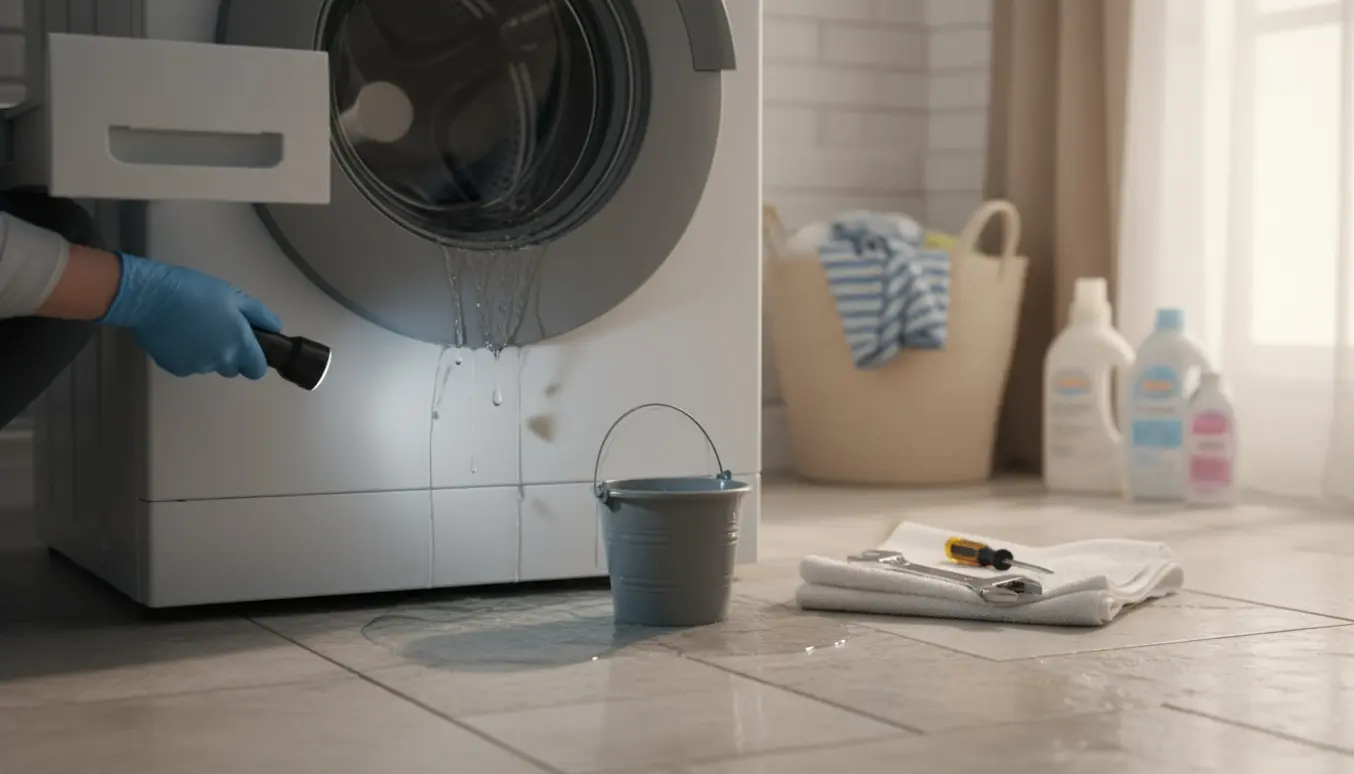 Vaskemaskine lækker vand på flisegulvet, en hånd med lommelygte og en spand inspicerer undersiden.