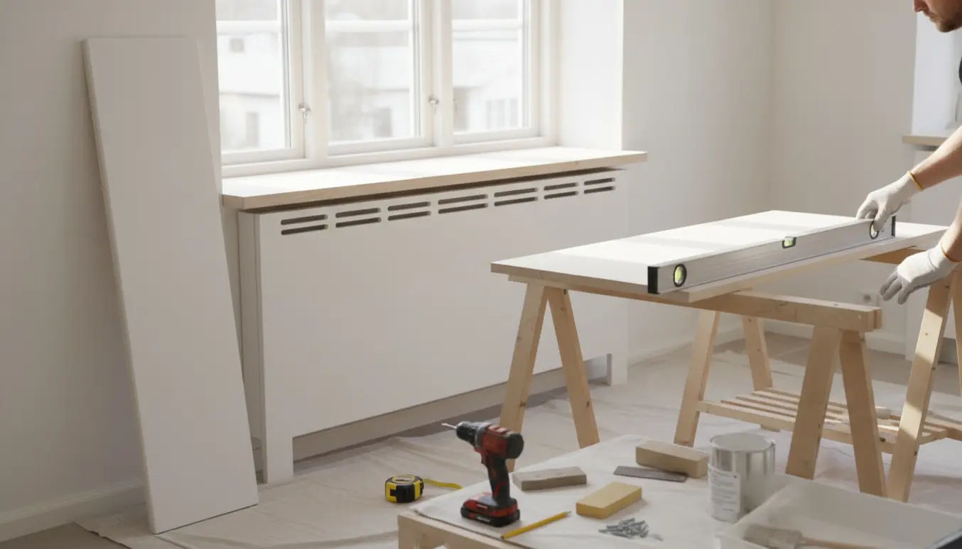 To umalede radiatorskjulere ved et vindue, klar til montering, omgivet af værktøj og en ny primet vinduesplade.