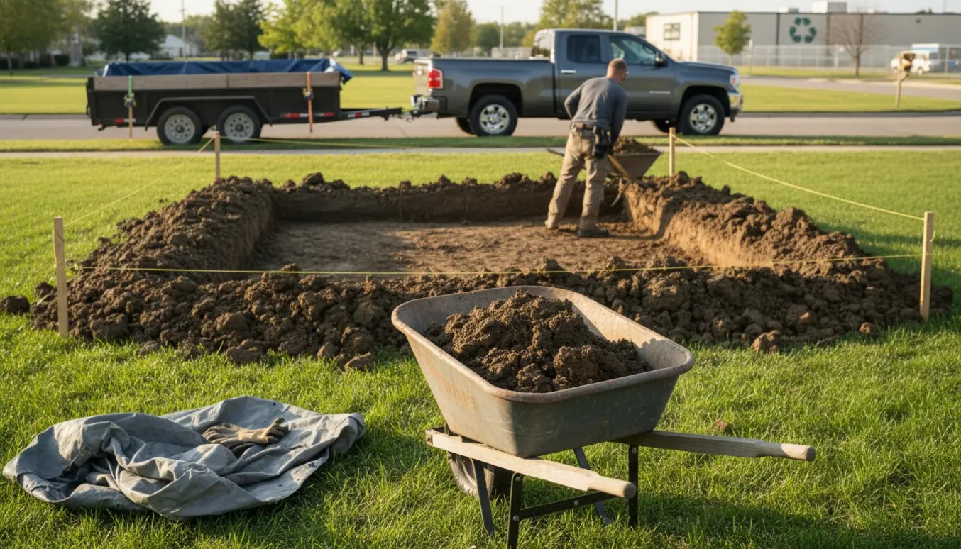 En villagrund med en rektangulær udgravning, trillebør fyldt med lerjord og lastet trailer klar ved vejkanten.
