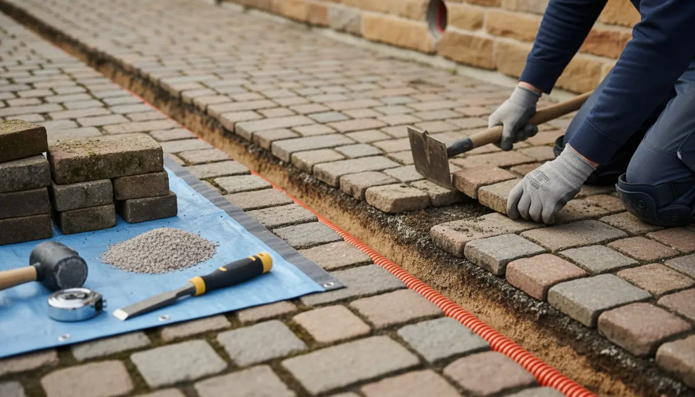 Småsten fjernet og en smal rende med orange kabelrør lagt klar gennem herregårdssten til elbilopladning.