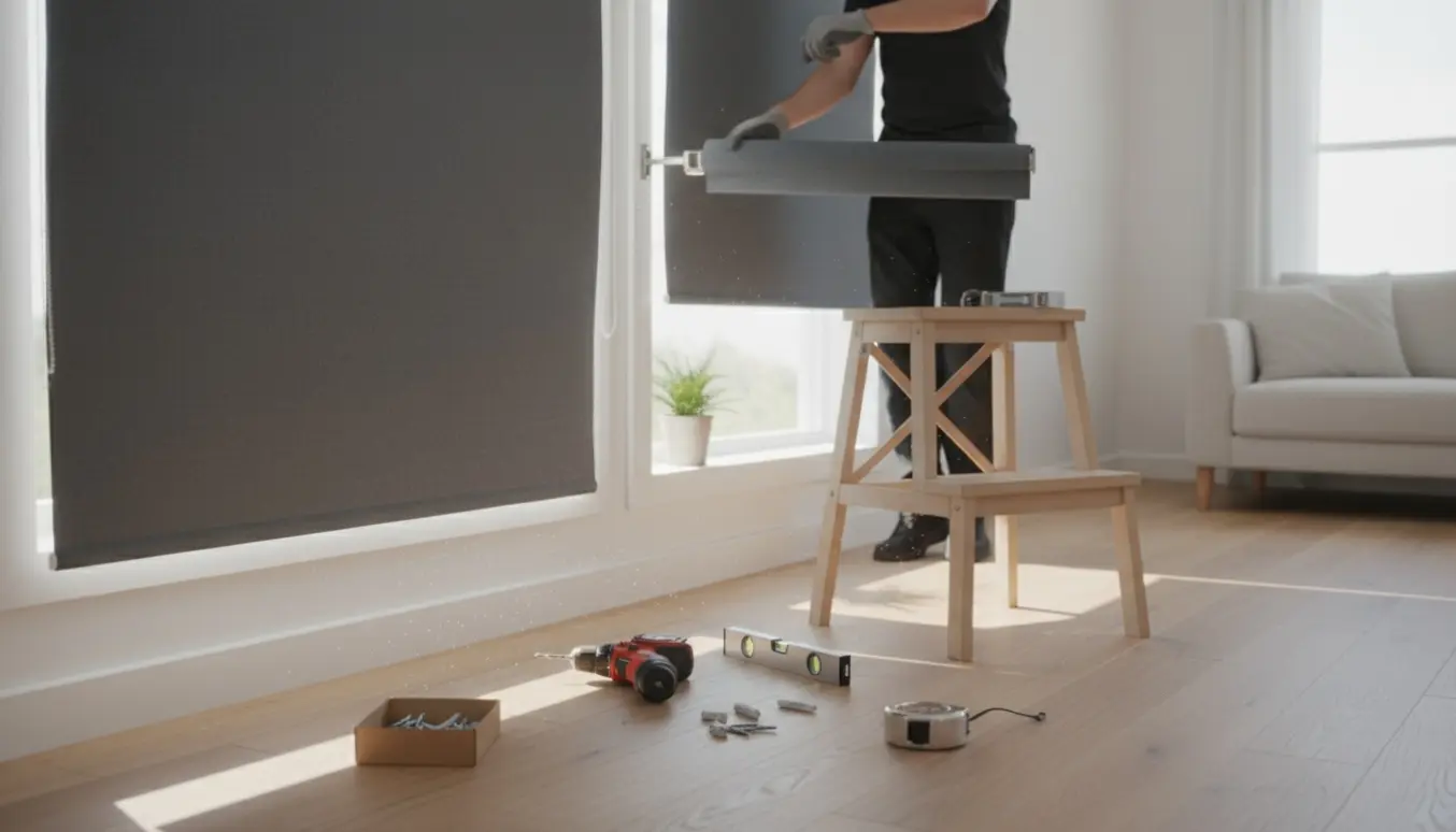 Montering af to mørke rullegardiner i et lyst, skandinavisk vindue med værktøj på gulvet.