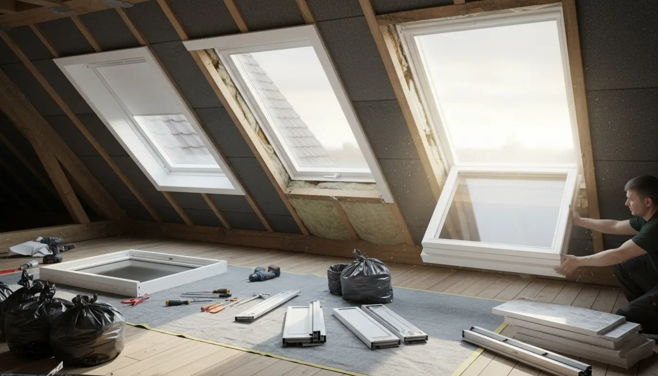 To hænder installerer tre Velux tagvinduer med hvide polystyrenrammer og mørklægningsgardiner i et loftsrum.