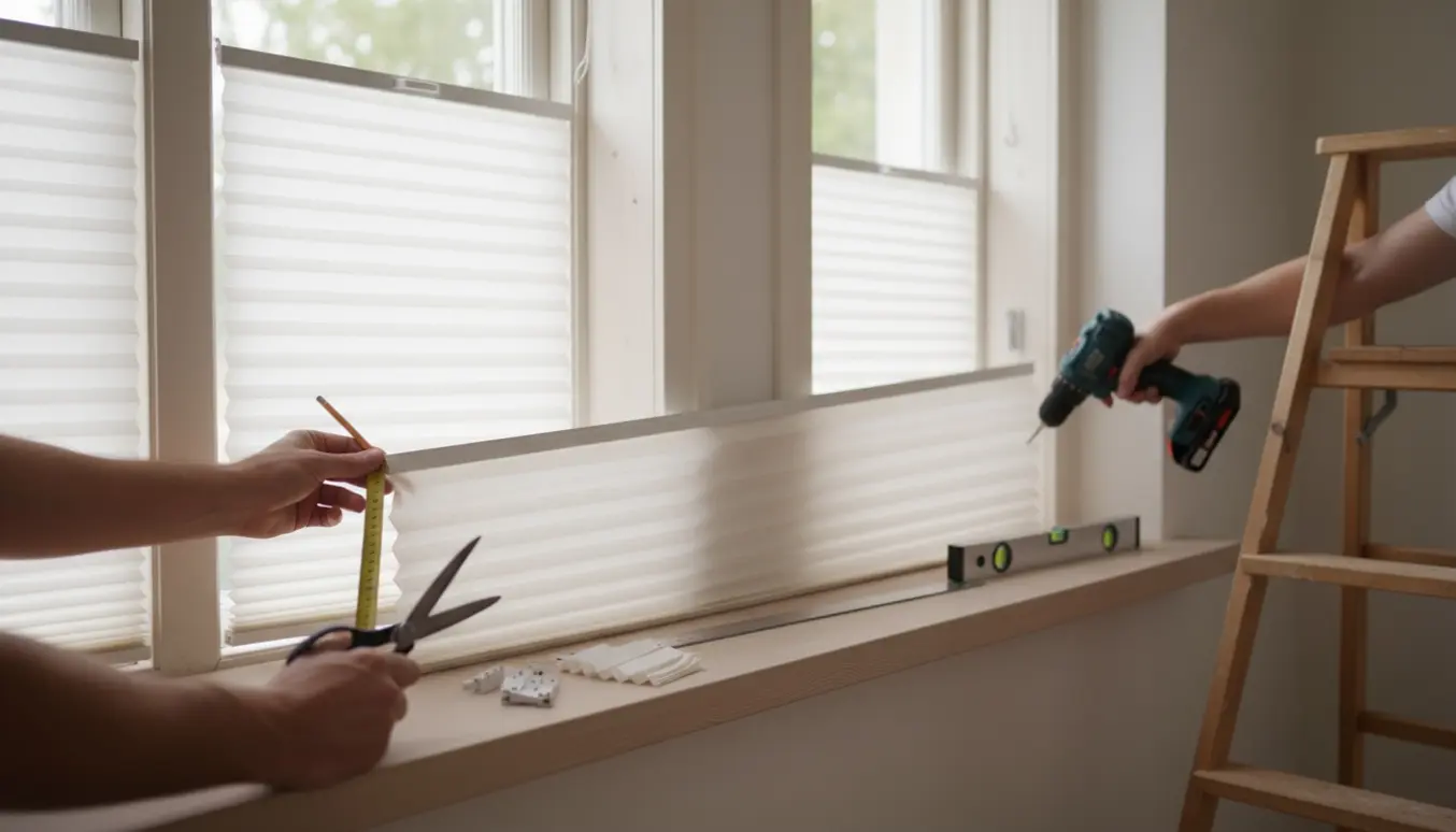 Hænder måler, tilskærer og monterer plissegardiner ved en række vinduer i et lyst skandinavisk rum.