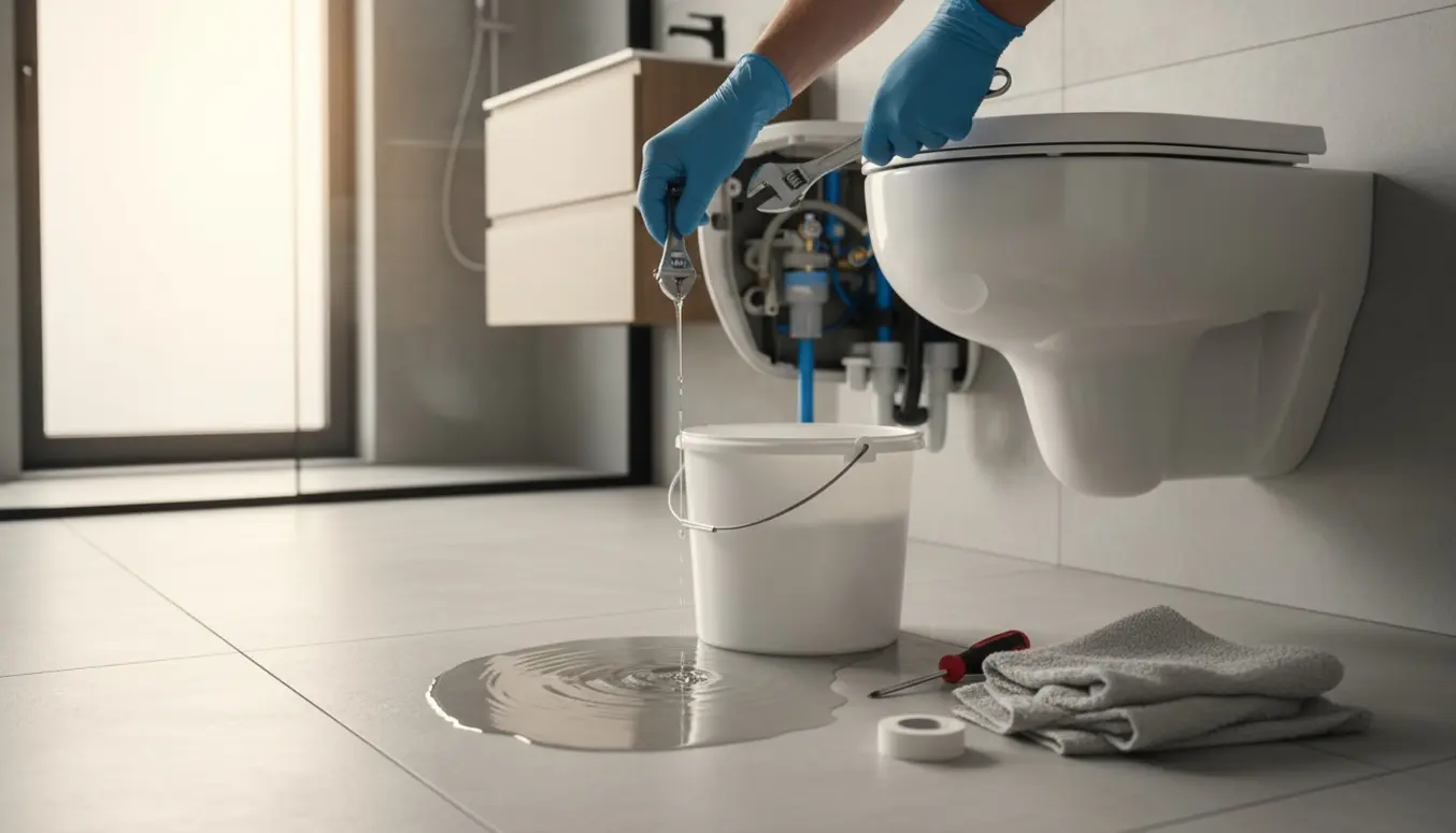 Nærbillede af væghængt toilet med åben servicelåge og løbende vand, værktøj og spand klar til reparation.