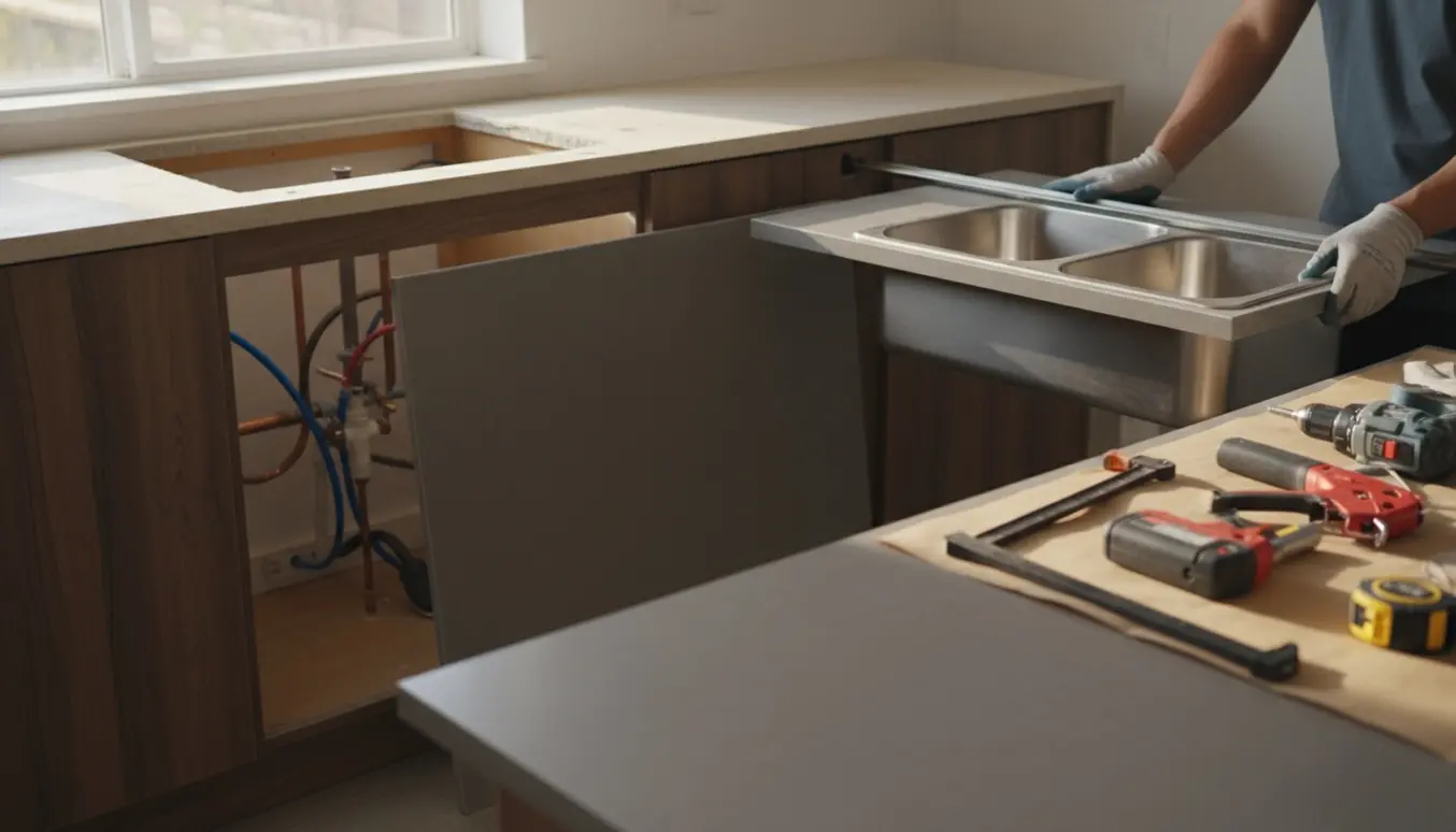 Udskiftning af køkkenbordplade med ny vask og værktøj på køkkenbordet.