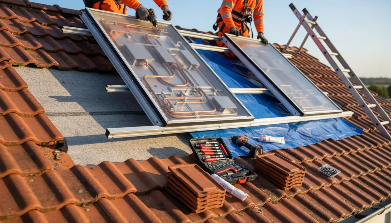 To solvarmepaneler fjernes fra et tegltag med værktøj og tagreparationsmaterialer klar ved siden af.