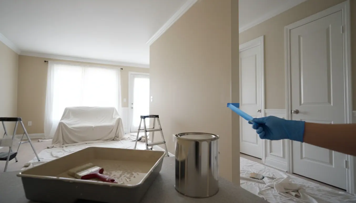 Nymalet beige væg med skarp kant mod hvidt loft, malerudstyr og dækkede møbler i dagslys.