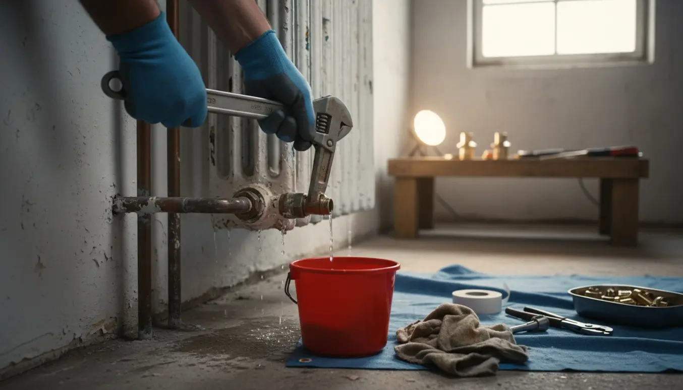 Nærbillede af handskerede hænder, der løsner en radiatorventil i et kælderrum, med værktøj og spand klar til at stoppe rørene.