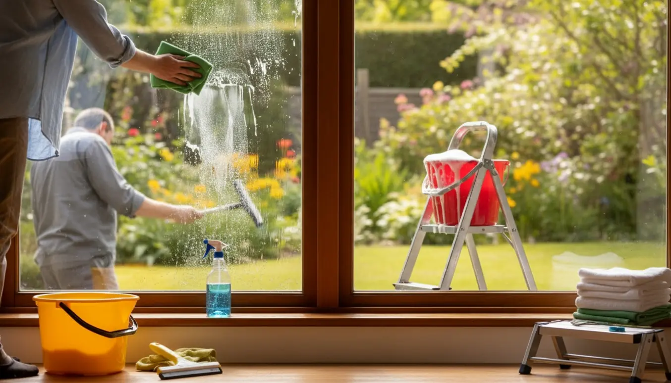 Udvendig og indvendig vinduespudsning med en person på stige og hænder, der tørrer ruden indvendigt.