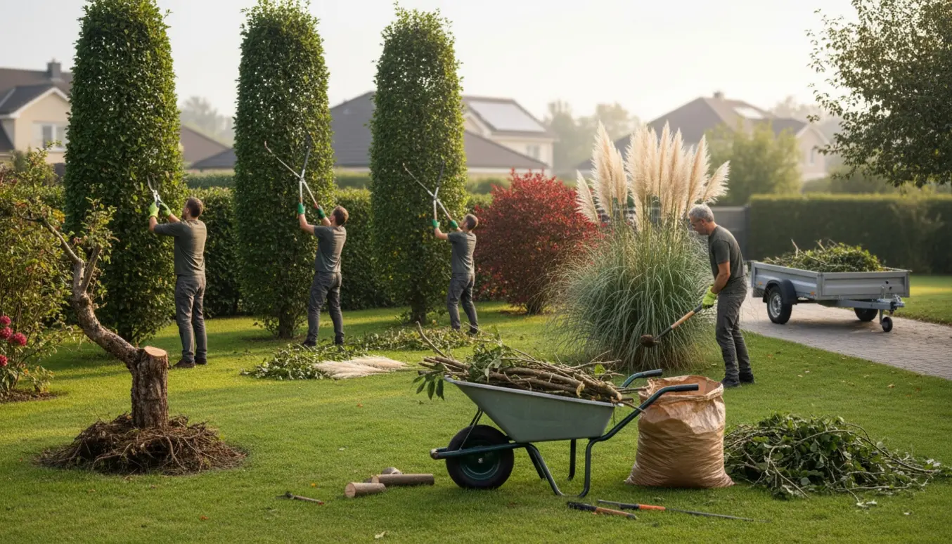 Havearbejde med beskæring af hasselbuske, rødbladet busk og pampas samt udgravning af et lille æbletræsstub.