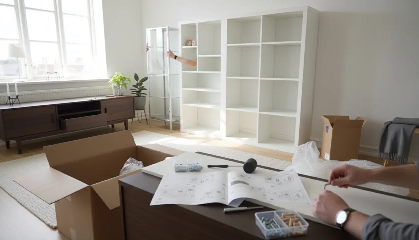 Delvist samlede Ilva- og Ikea-møbler i en lys stue med værktøj og åbne kasser.