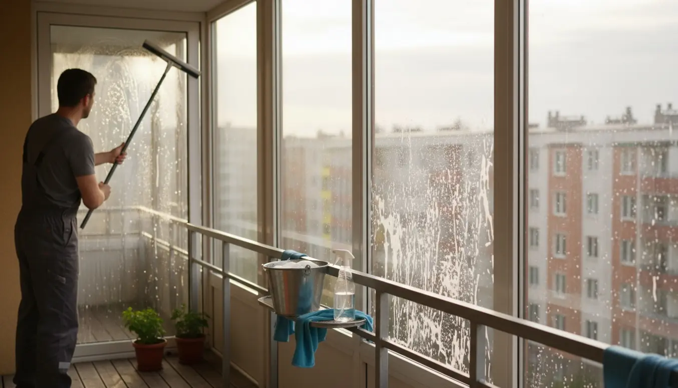 Person pudser tre vinduer og en altandør fra altanen med skraber, spand og mikrofiberklud.