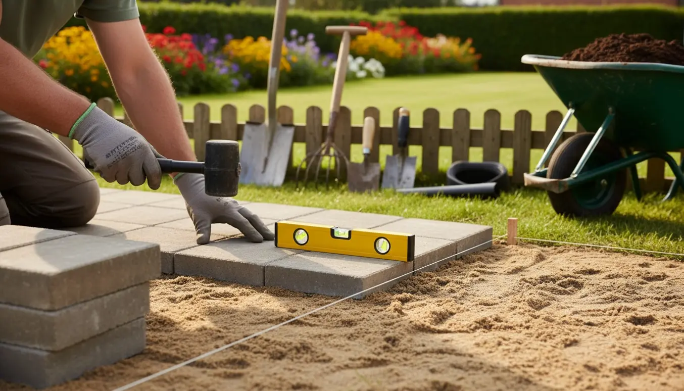 Hænder lægger fliser i sand ved sæsonarbejde i haven med trillebør, rive og nyslået græs i baggrunden.