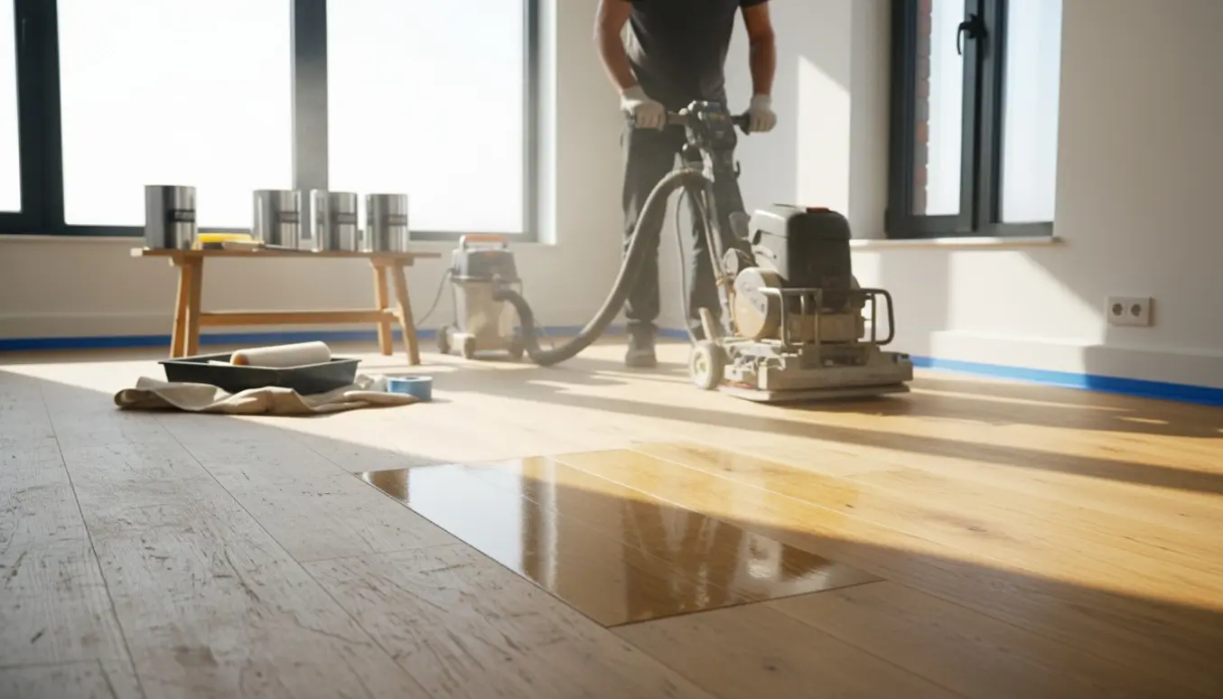 Trægulv i et lyst rum under slibning med slibemaskine og lakeringsudstyr klar.