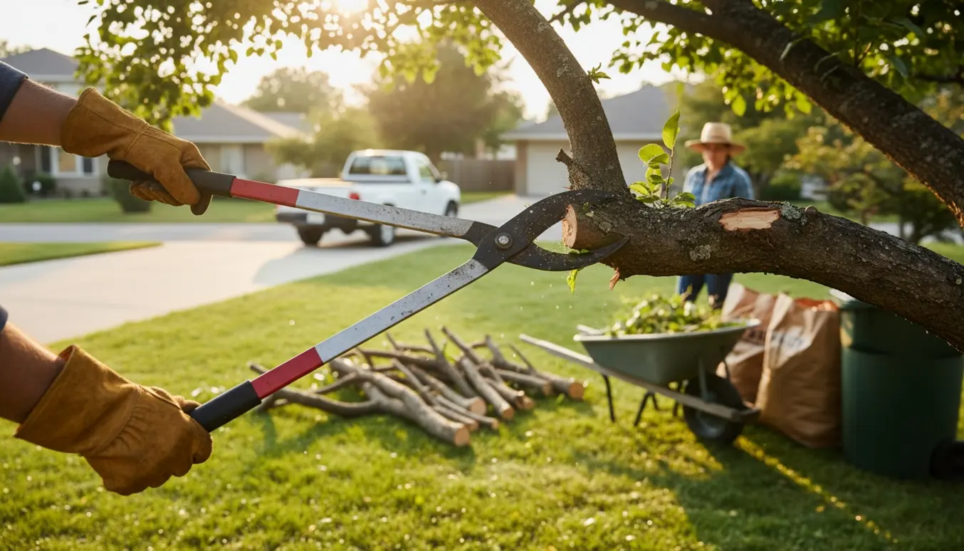Person beskærer grene i en baghave og læsser haveaffald i en trillebør.