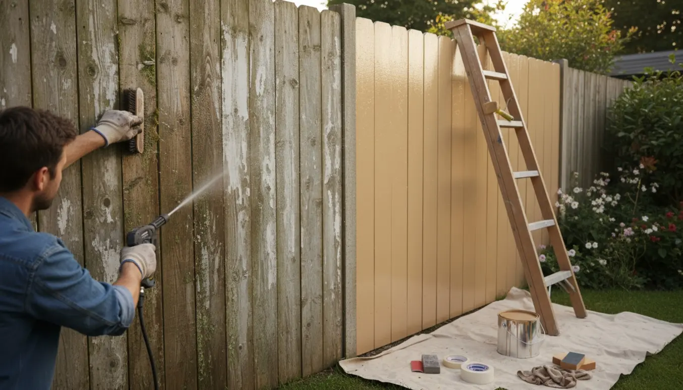Rengøring og nymaling af et træplankeværk i en solrig have med tydelig før- og efter-effekt.