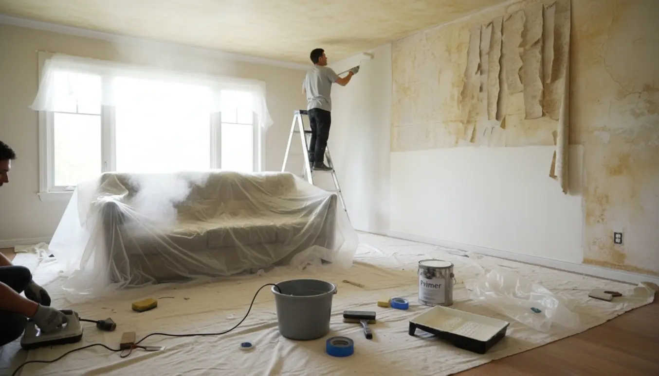 Renovering af rygerlejlighed med afdækkede møbler, fjernet tapet og nymalede vægge.