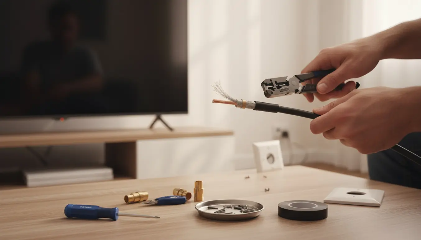 Nærbillede af hænder, der reparerer en beskadiget TV-koaksialledning ved en vægudtag.