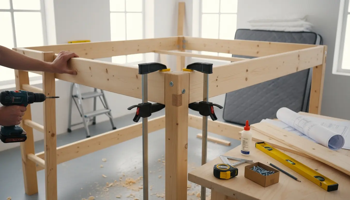 Delvist samlet højseng i lyst værksted med træmaterialer og værktøj.