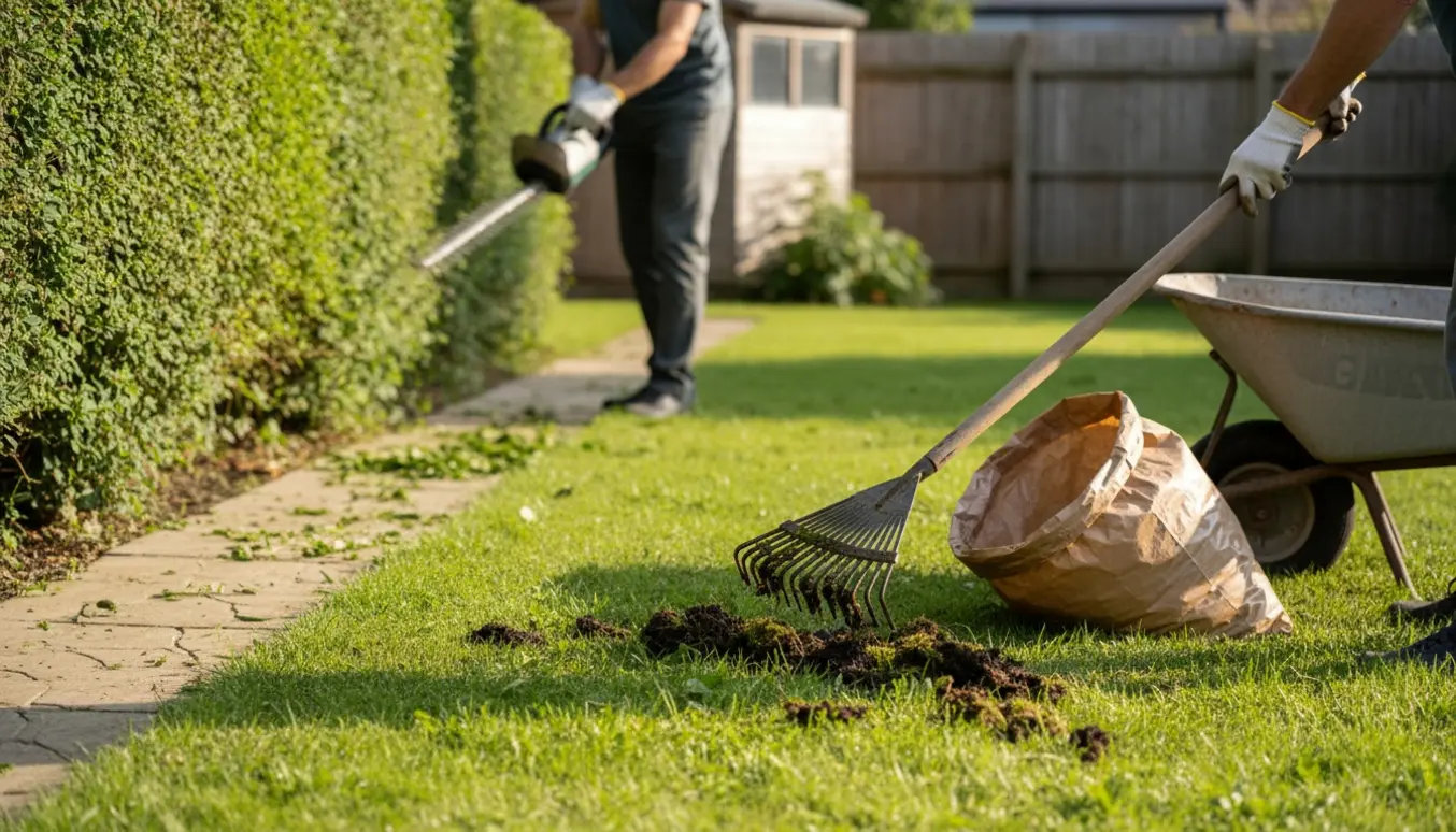 Nærbillede af hækkeklipning og mosfjernelse på en græsplæne med haveredskaber.
