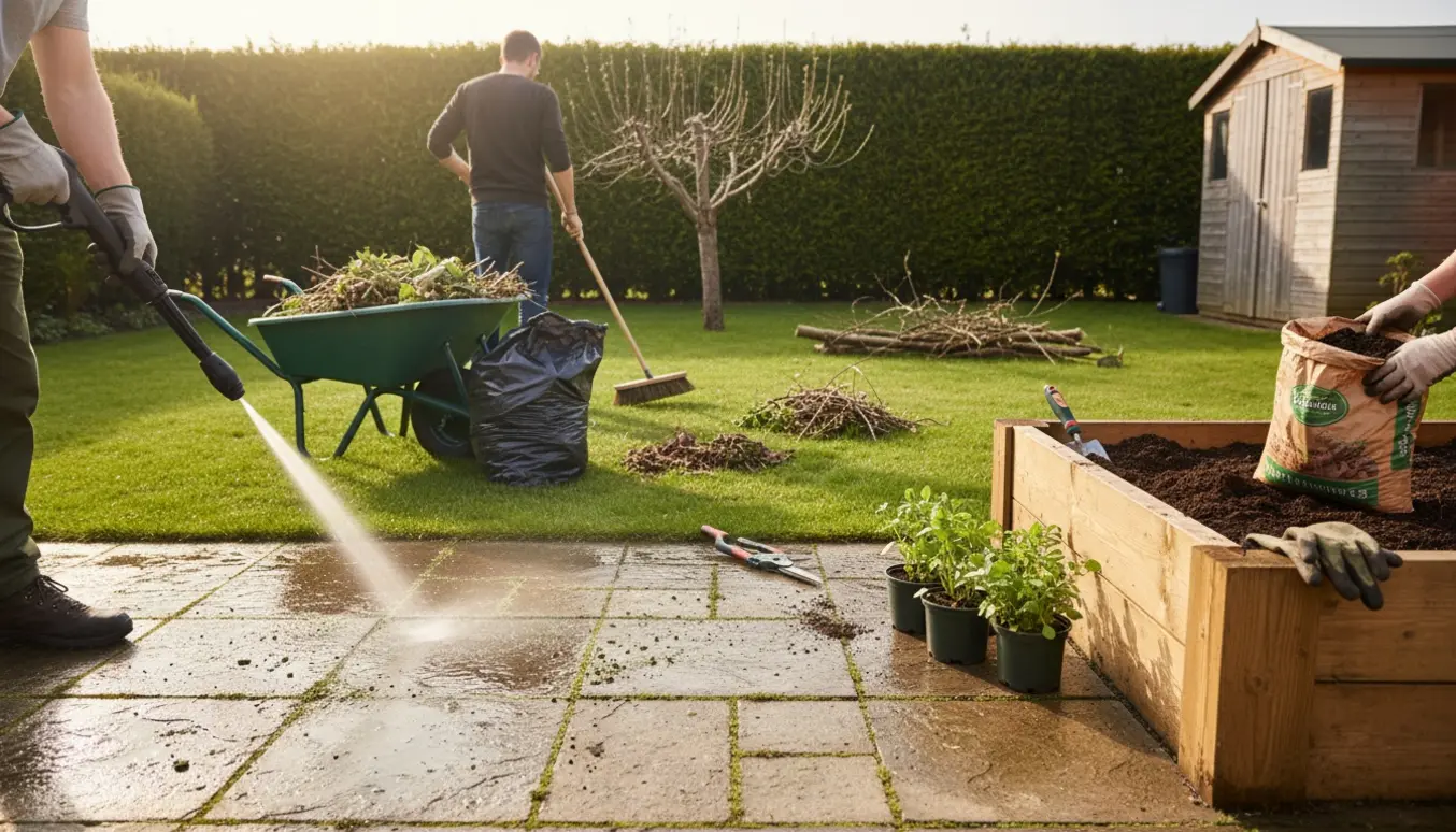Udendørs have- og handymanarbejde med fjernelse af alger og mos fra fliser, nyskiftet muld i bede og kørte haveaffald.