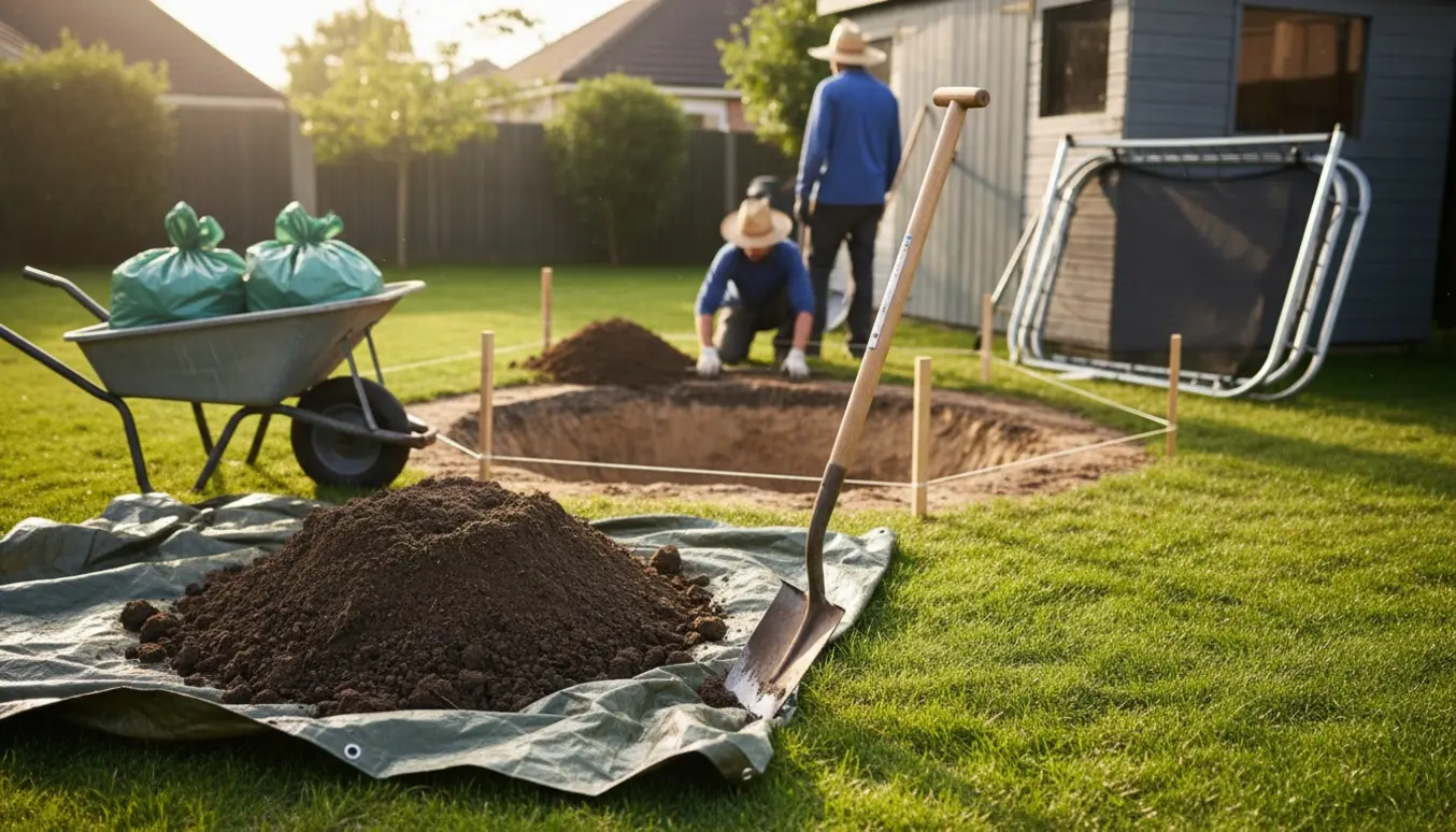 Rundt hul til trampolin i en baghave med skovlet jord, trillebør og presenning klar til bortskaffelse.