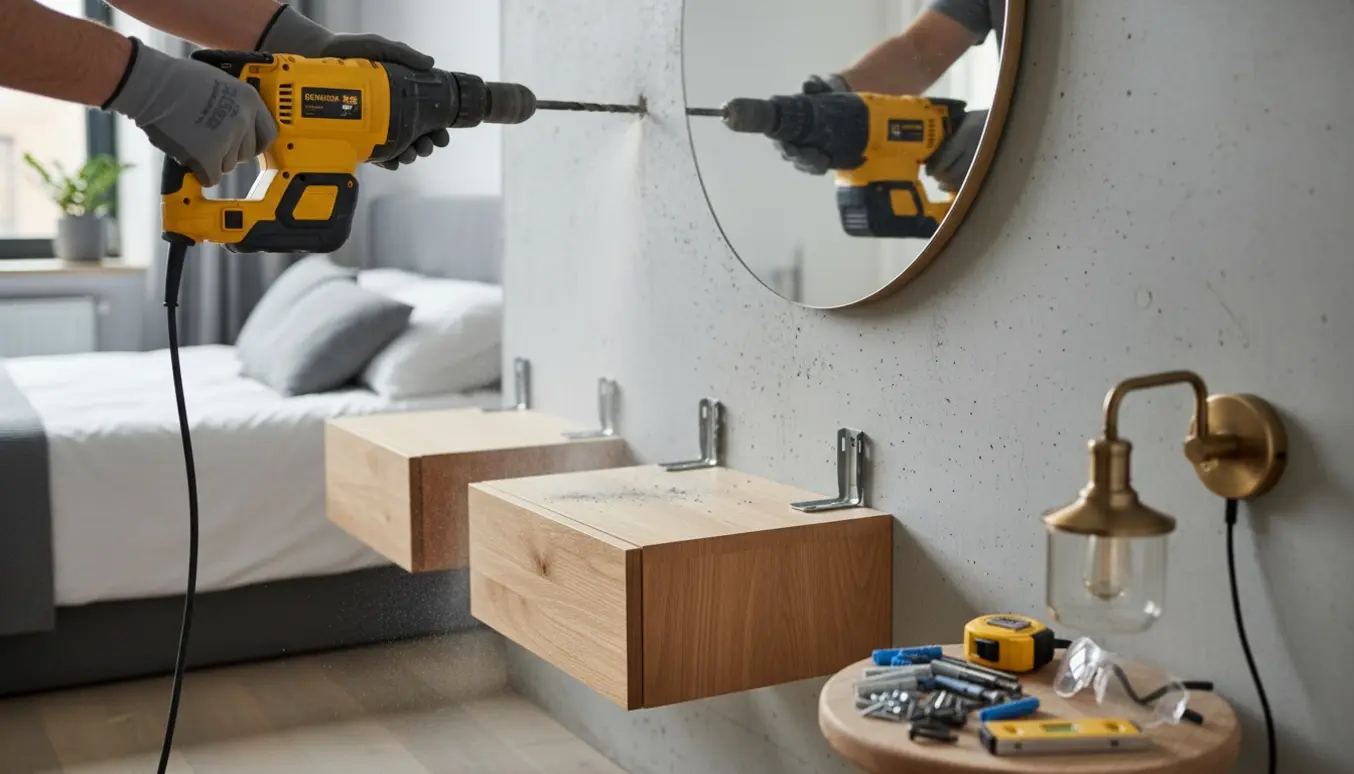 Hænder med borehammer borer i en jernarmeret betonvæg for at montere væghængte sengeborde, med rawlplugs og værktøj i forgrunden.