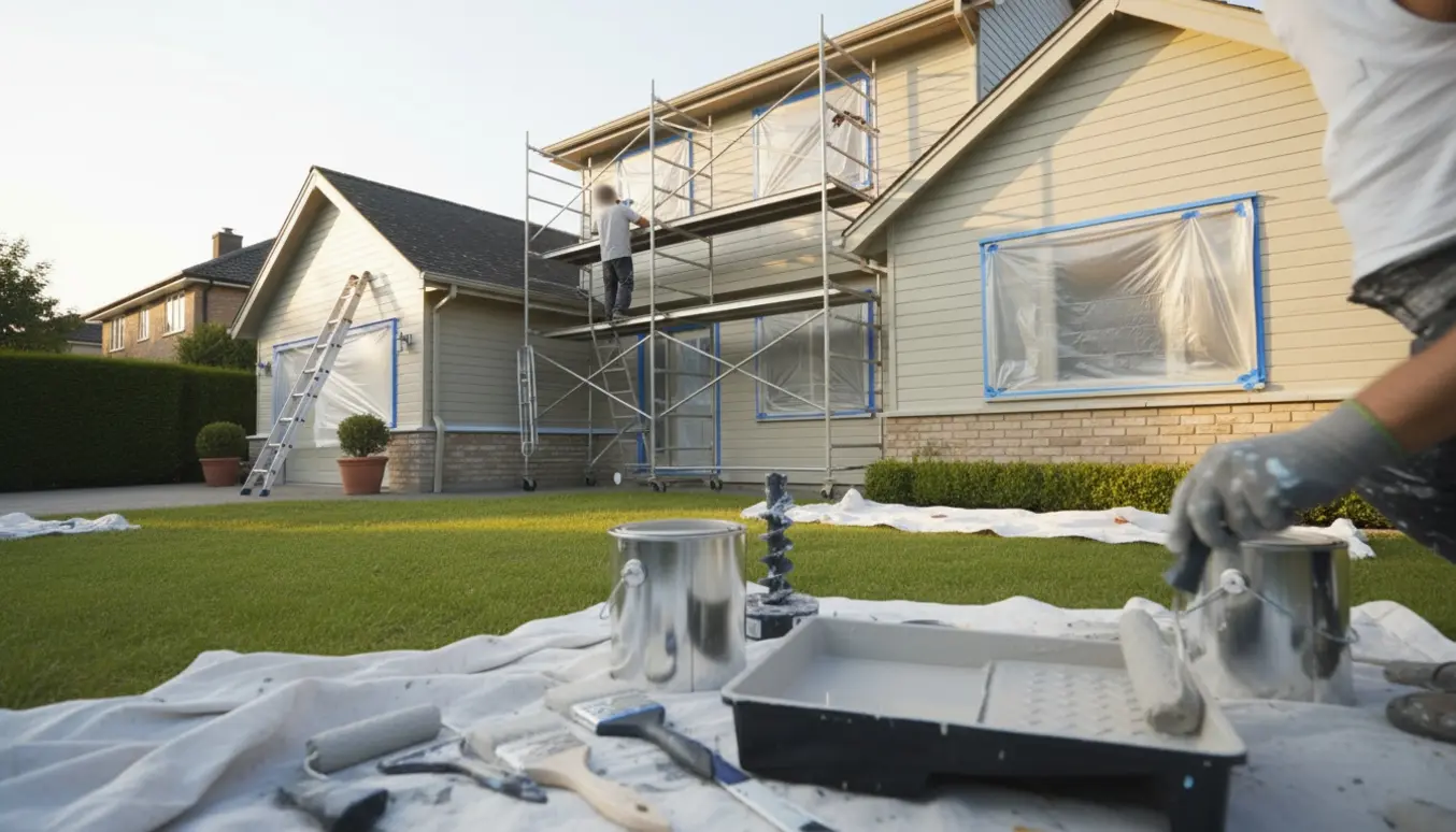 Stor to-etagers husfacade under udvendig maling med stillads, spande og malere set bagfra.