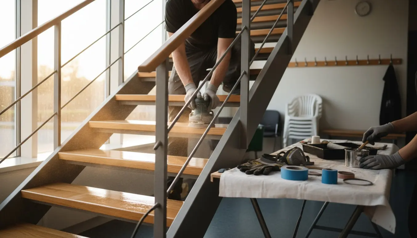 Slibning og lakering af metalltrappe i et klubhus med værktøj og nyslebne trin.
