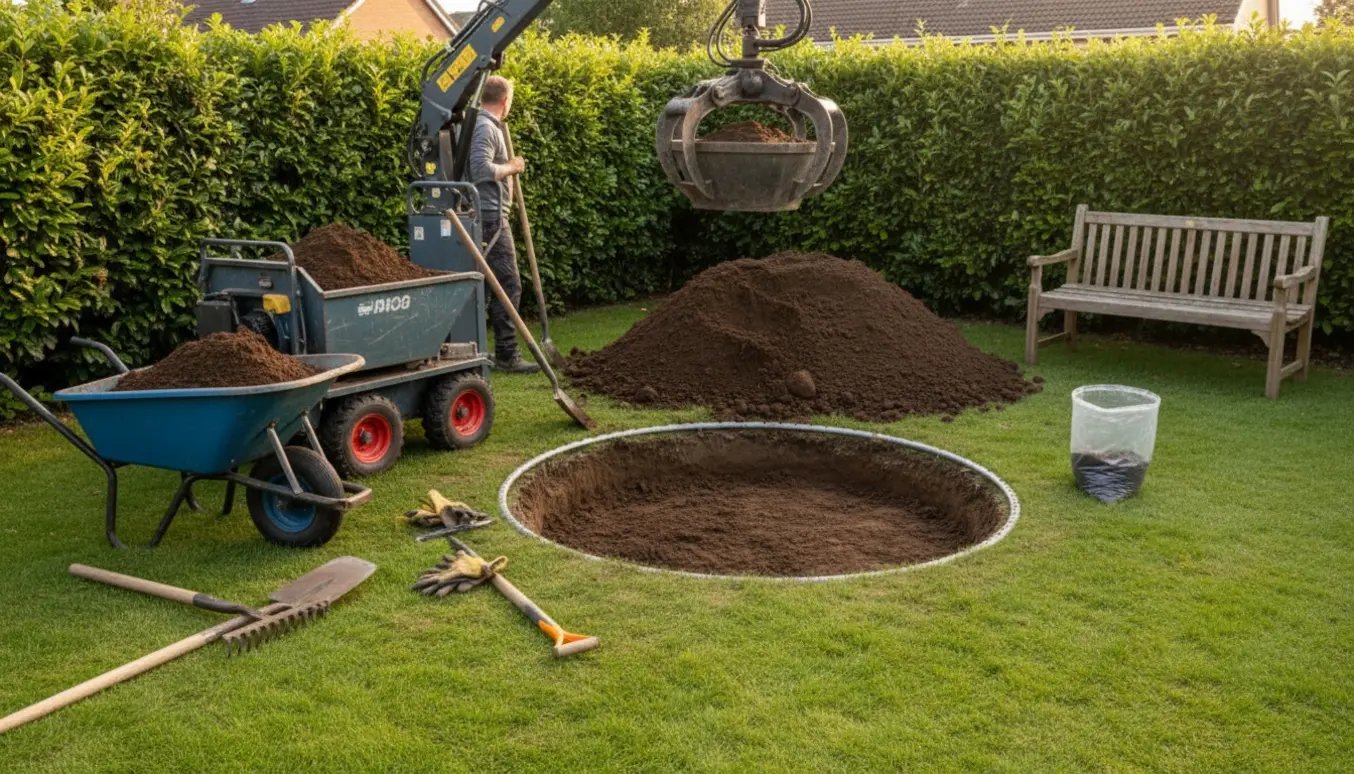 Gravet hul til nedgravet trampolin i en have med jordbunke, skovl, trillebør og en grabarm over en tæt hæk.