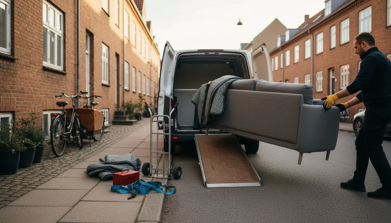 Et hvidt varevognsbagparti i København, hvor to personer læsser en brugt sofa ind på tæpper og med flyttestrimler.